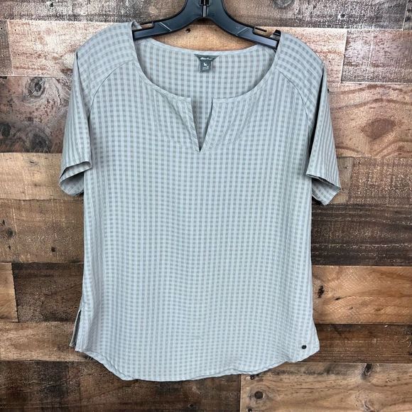 Eddie Bauer Top V Neck Grey Basket Weave Fabric Print Short Sleeve Medium - Picture 12 of 12